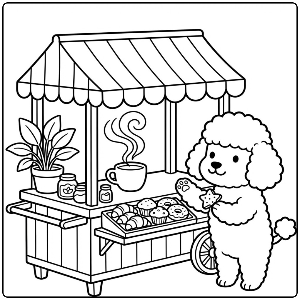 Poodle with a Cart Full of Sweet Pastries and Coffee coloring page