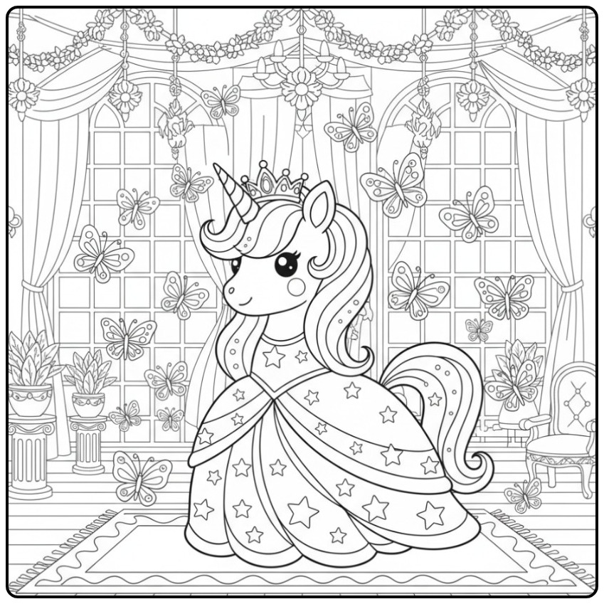 Princess Unicorn and Butterflies a Royal Scene Watch coloring page