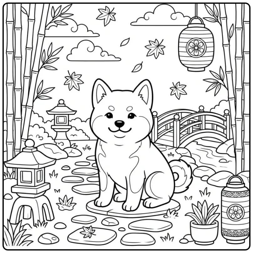 Akita Inu Puppy in a Japanese Tea Garden coloring page