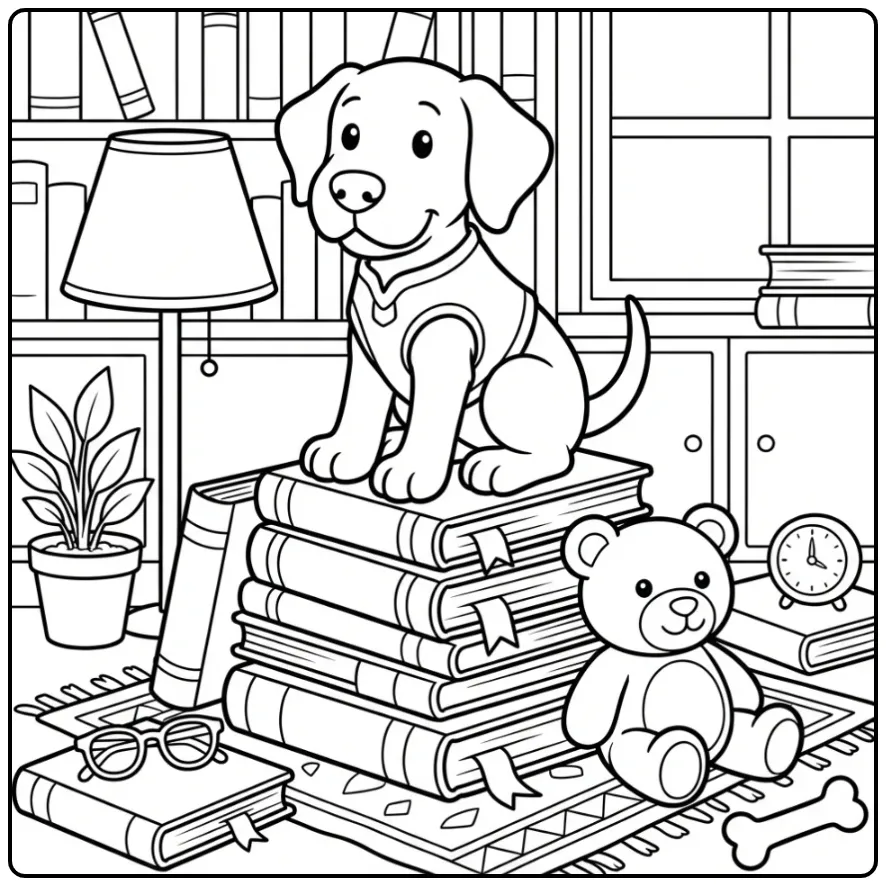 Puppy Library Helper with Books and Bear coloring page