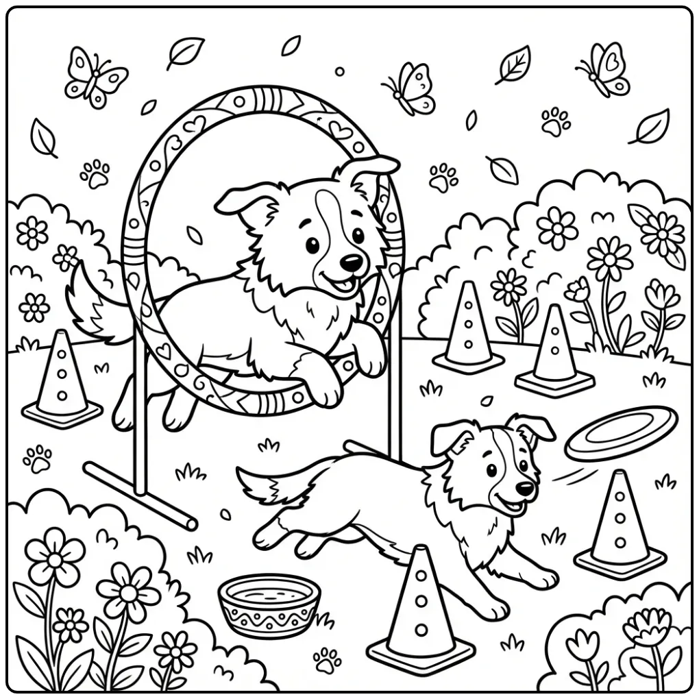 Border Collie Puppy Playing on an Agility Course coloring page