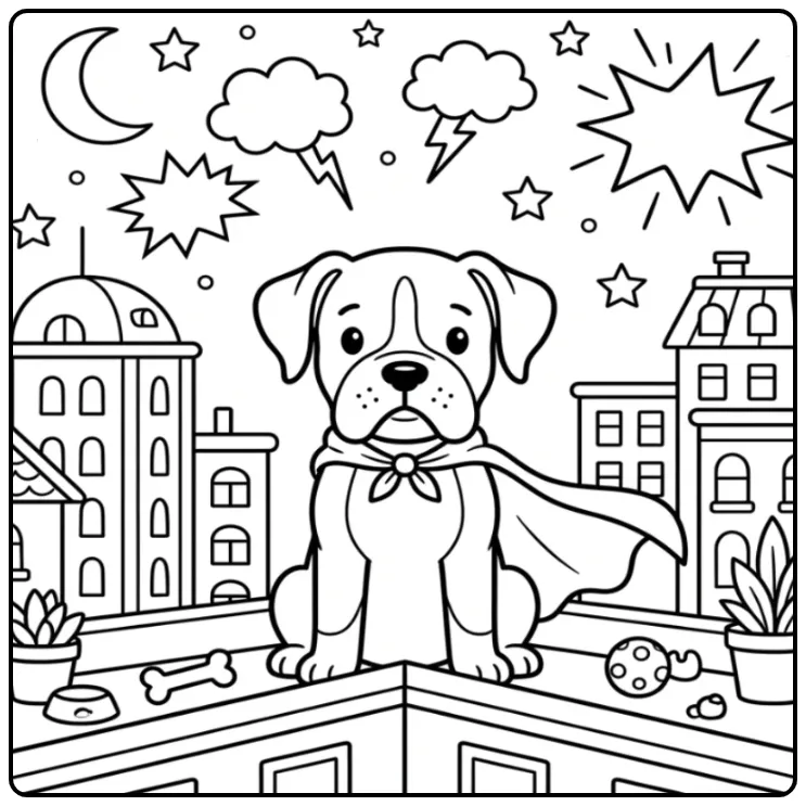 Boxer Puppy Superhero in the City coloring page