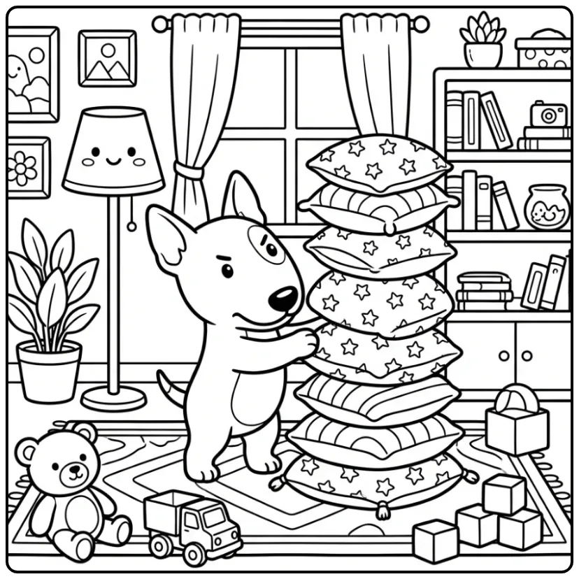 Bull Terrier Puppy Building a Pillow Tower coloring page