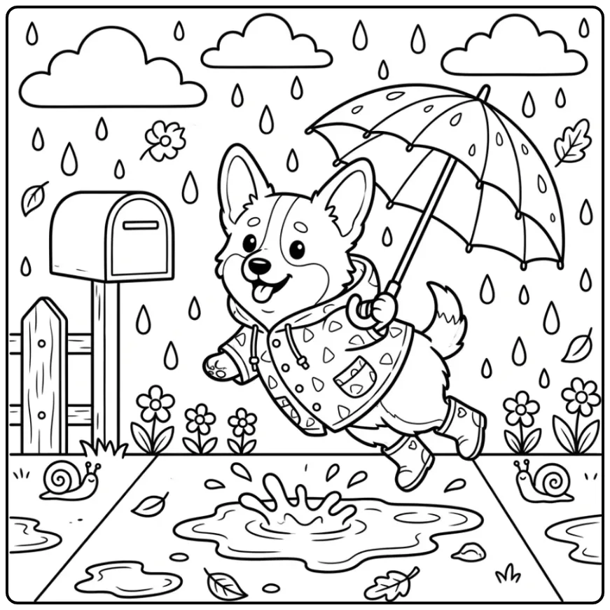Corgi Puppy with Raincoat and Umbrella coloring page