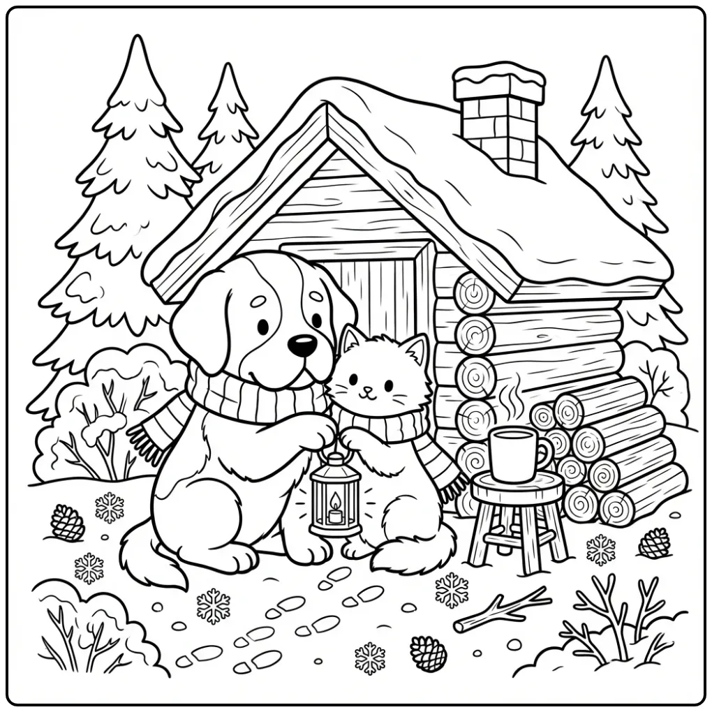 Saint Bernard Puppy and Kitten Sharing a Scarf at a Cabin coloring page