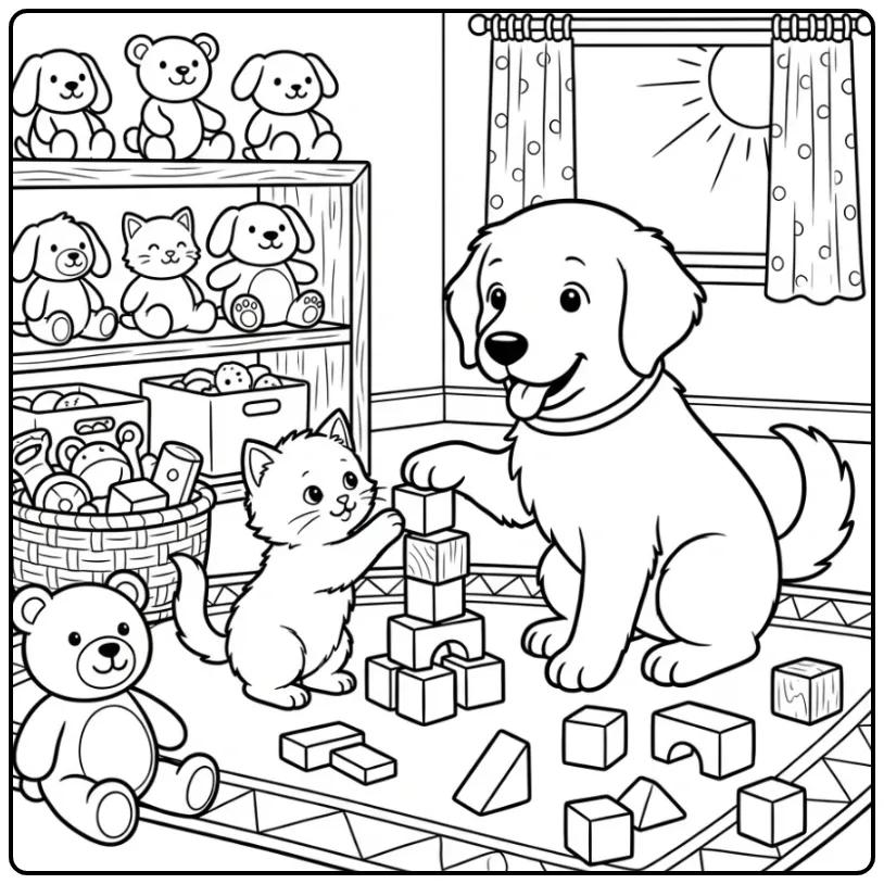 Puppy and Kitten Building a Tower with Blocks coloring page
