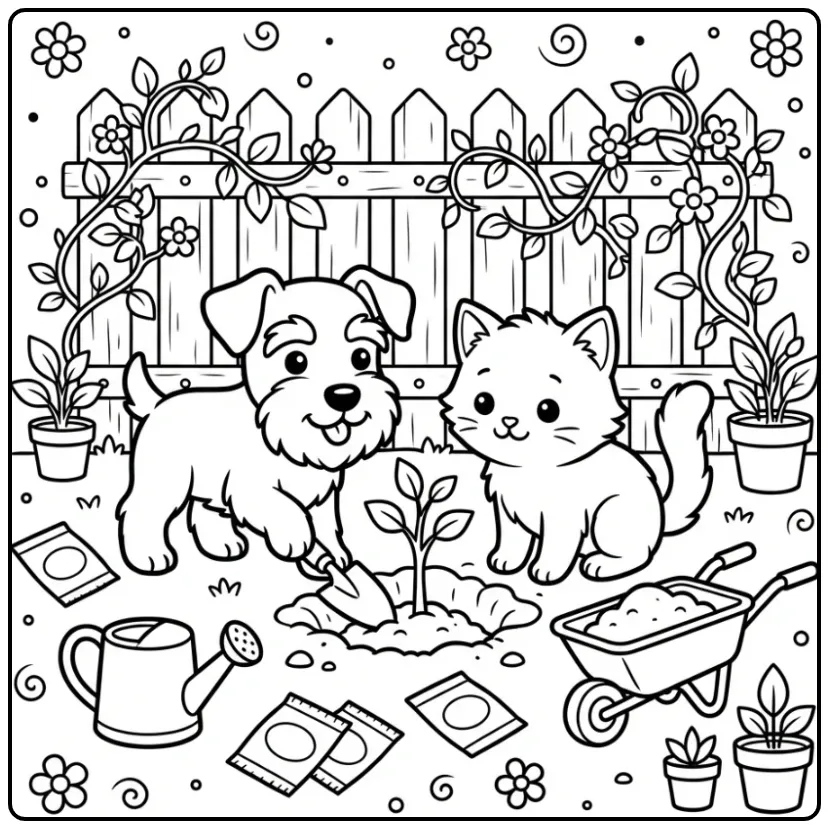 Schnauzer Puppy and Kitten Planting a Tree coloring page