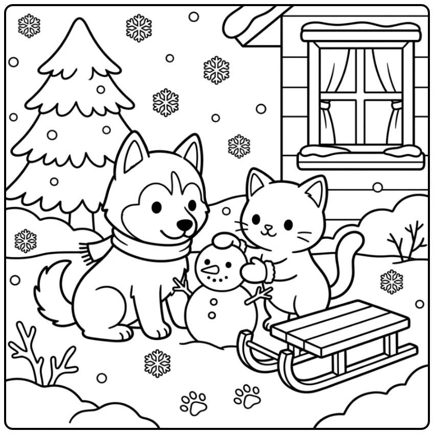 Husky Puppy and Kitten Building a Snowman coloring page