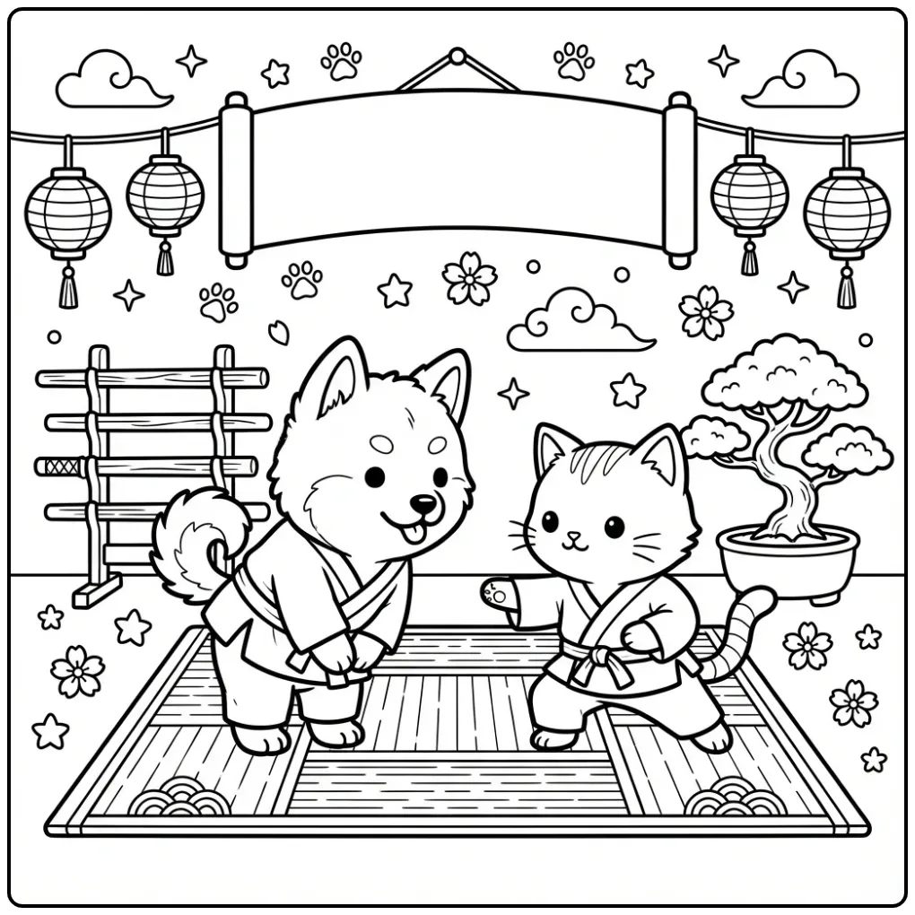 Akita Puppy and Kitten Practicing Karate in a Dojo coloring page