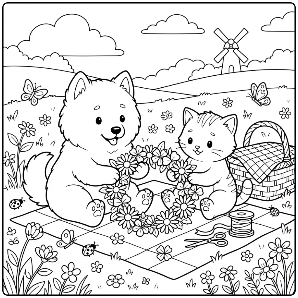 Samoyed Puppy and Kitten Making Flower Crowns coloring page