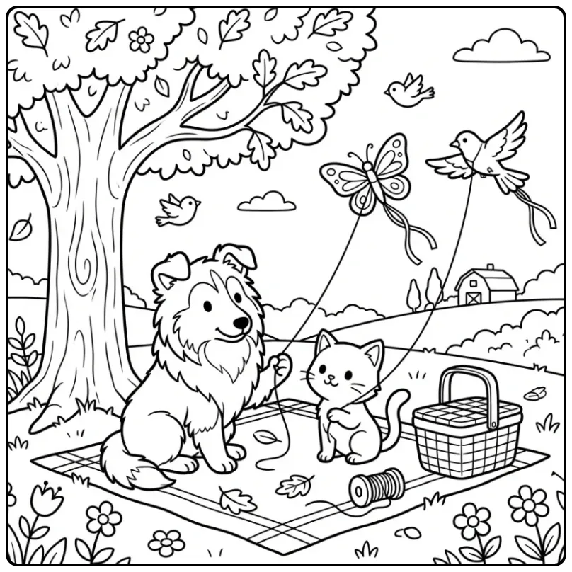 Collie Puppy and Kitten Having a Picnic with a Kite coloring page