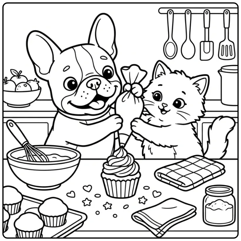 French Bulldog Puppy and Kitten Decorating Cupcakes coloring page