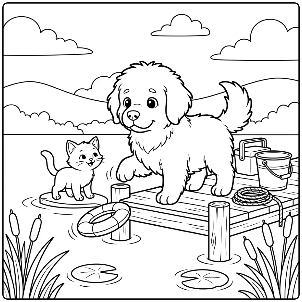 Newfoundland Puppy and Kitten Playing Rescue by a Lake coloring page