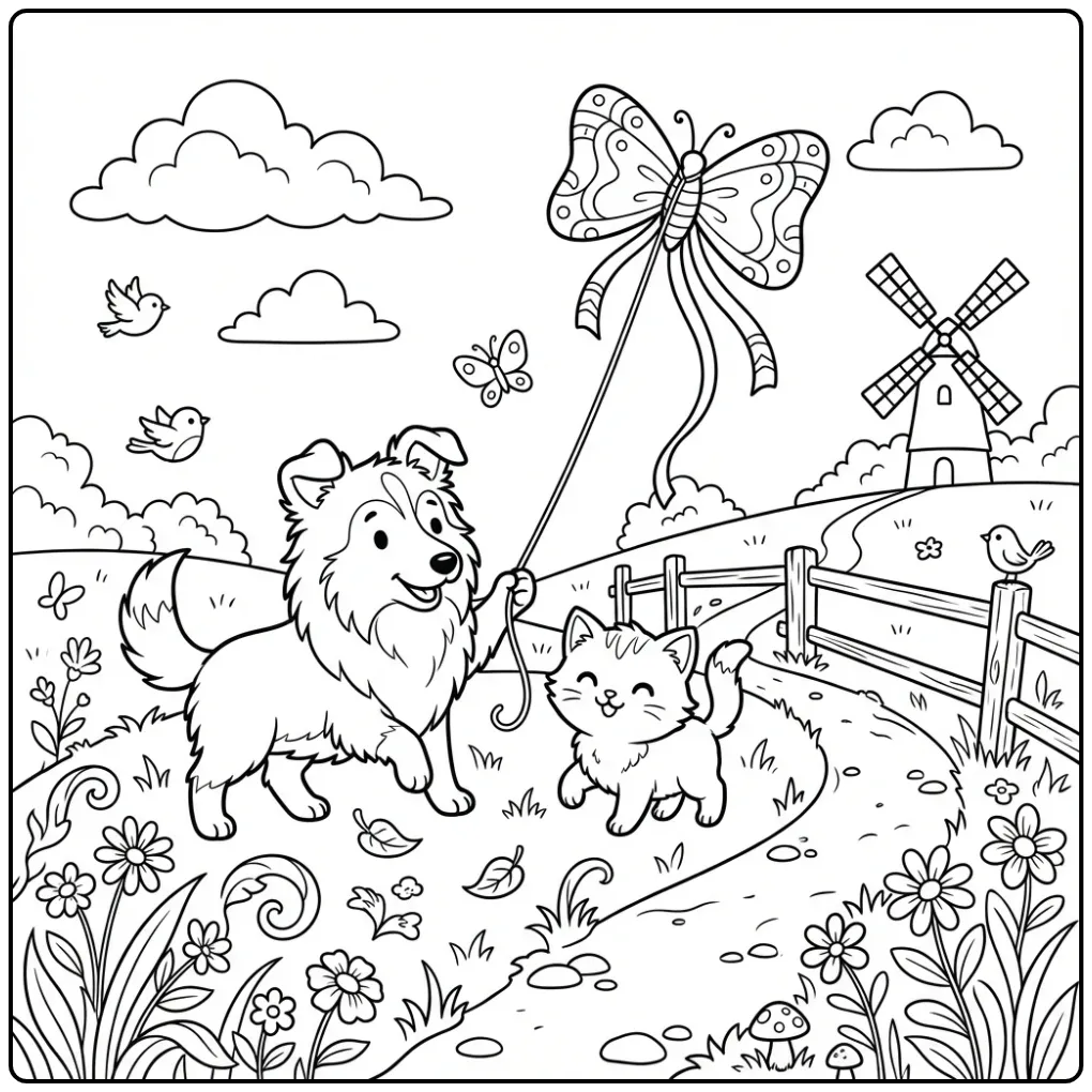 Sheltie Puppy and Kitten Flying a Kite on a Hill coloring page