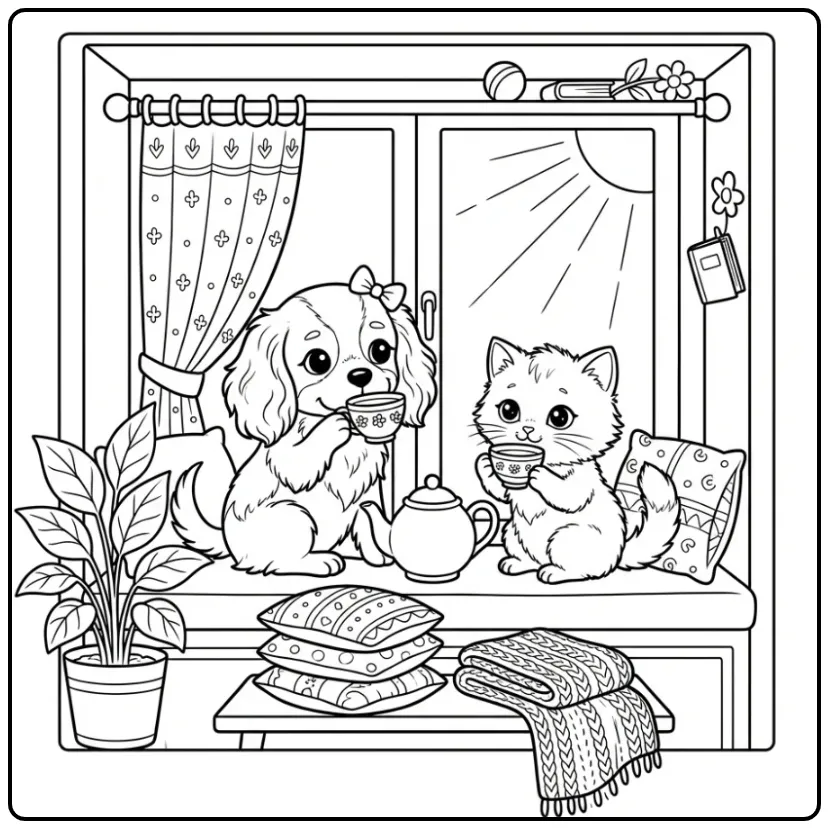 Cavalier King Charles Puppy and Kitten Having Tea by the Window coloring page