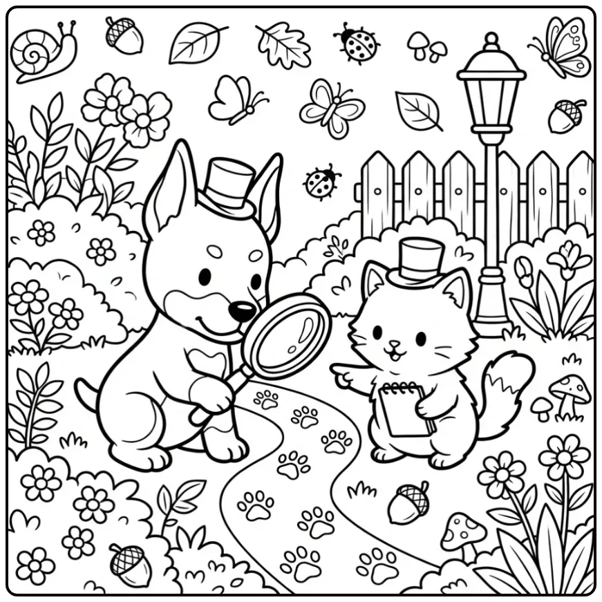 Doberman Puppy and Kitten Playing Detective coloring page