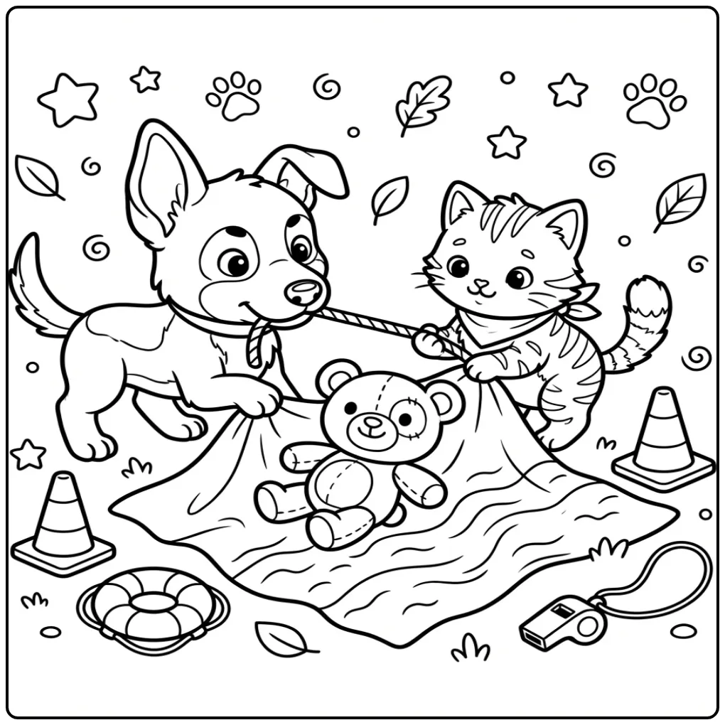 Belgian Malinois Puppy and Kitten Playing Rescue coloring page