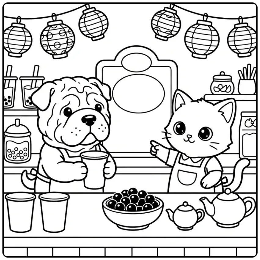 Shar Pei Puppy and Kitten in a Bubble Tea Shop coloring page