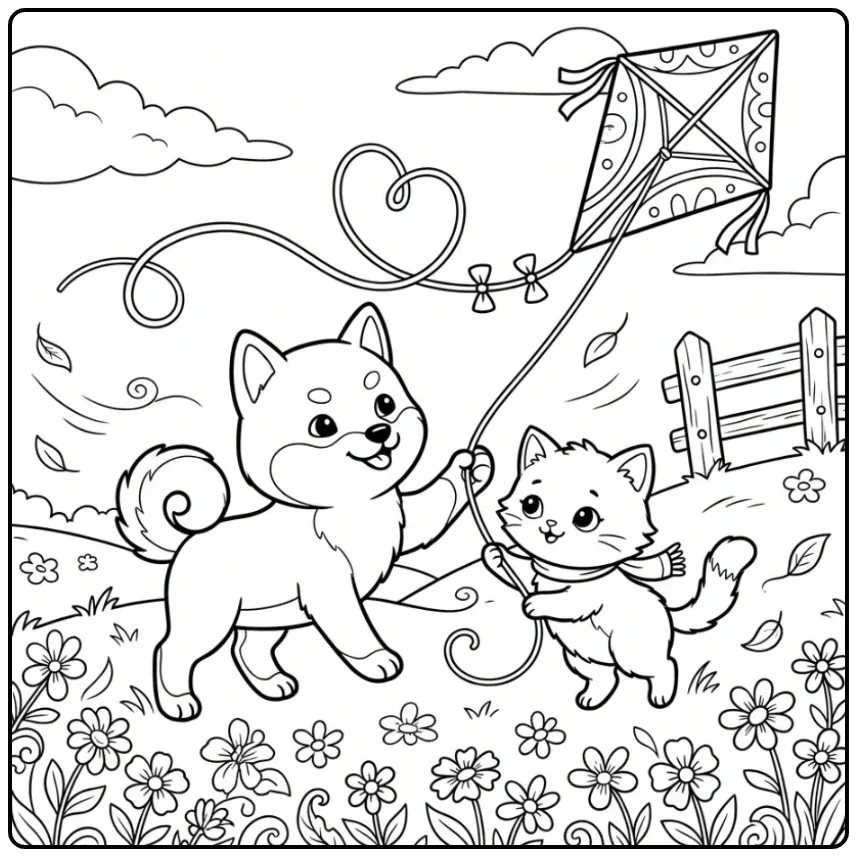Shiba Inu Puppy and Kitten Flying a Kite coloring page