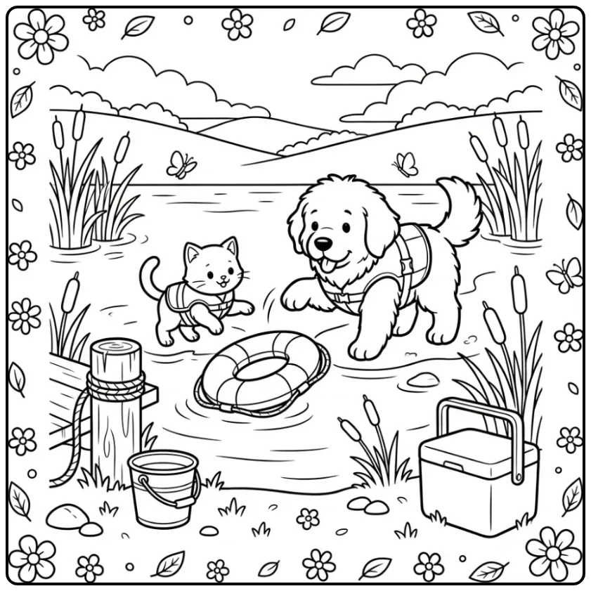 Puppy and Kitten Wearing Life Jackets by the Lake coloring page