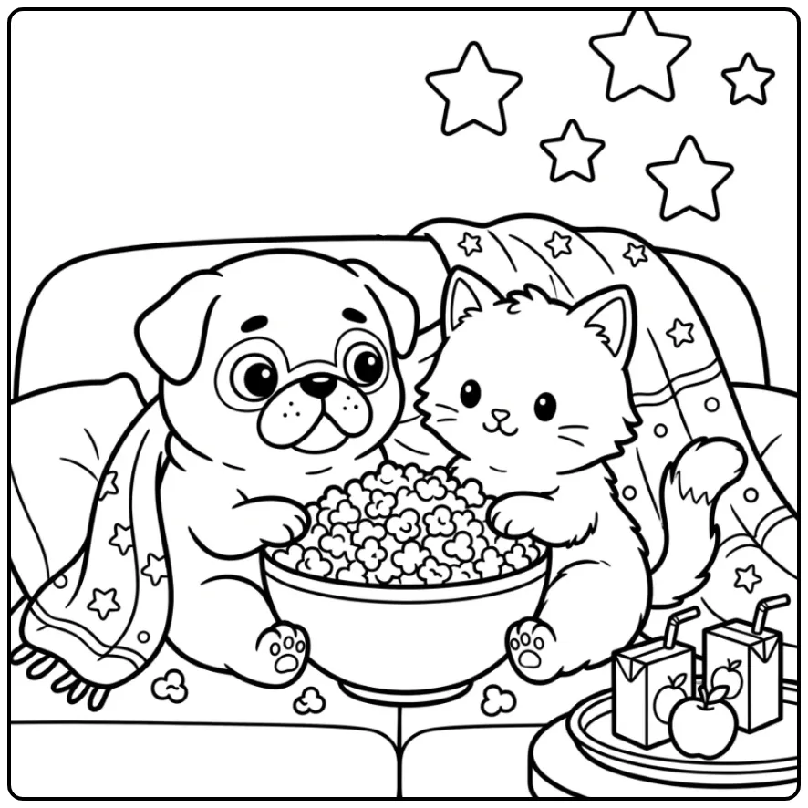 Pug Puppy and Kitten Sharing Popcorn on Movie Night coloring page