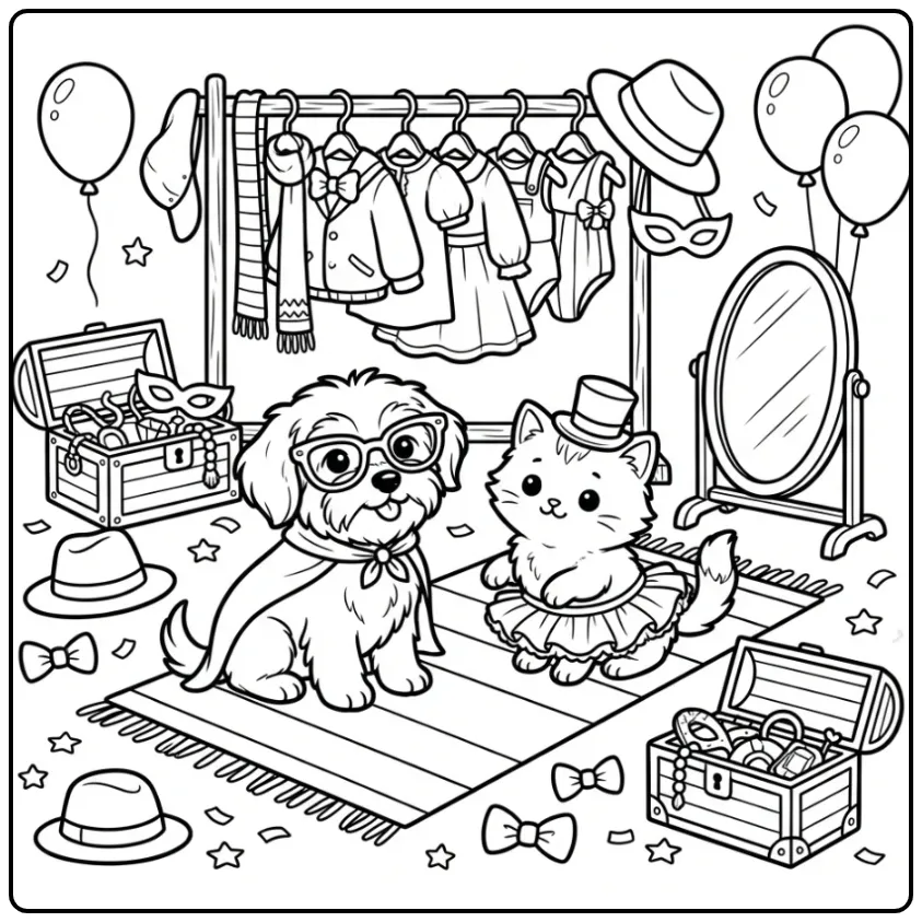 Havanese Puppy and Kitten Having a Dress-Up Fashion Show coloring page