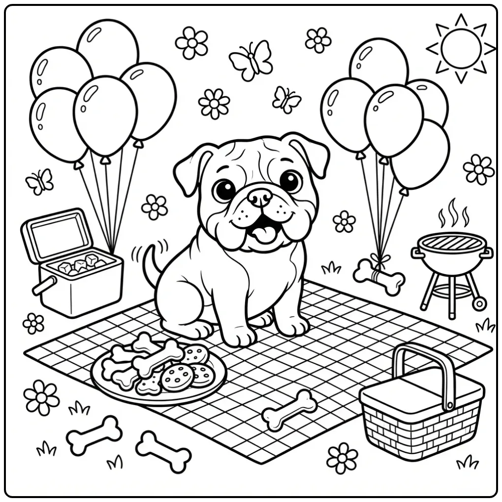 English Bulldog Puppy at a Summer Barbecue coloring page