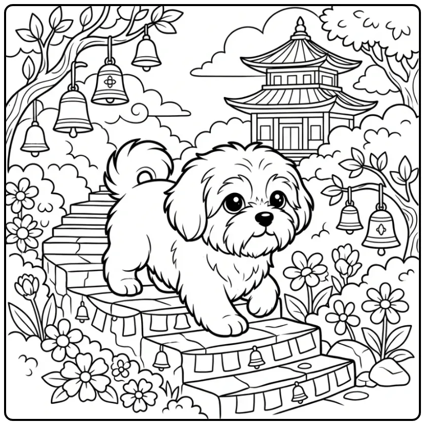 Lhasa Apso Puppy in a Mountain Temple Garden coloring page