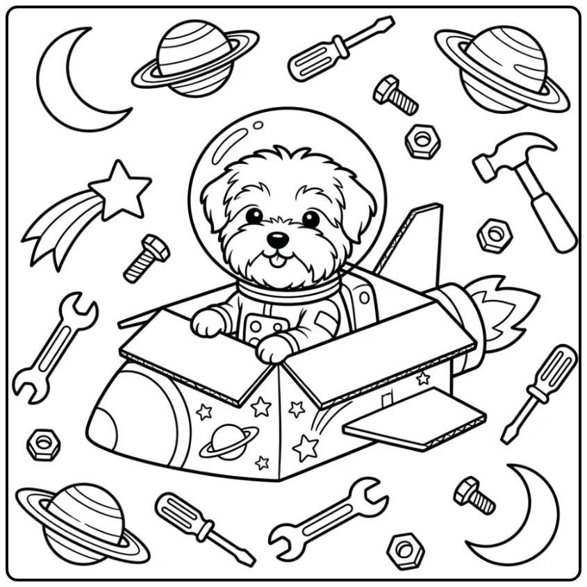 Maltese Puppy Astronaut in Space coloring page