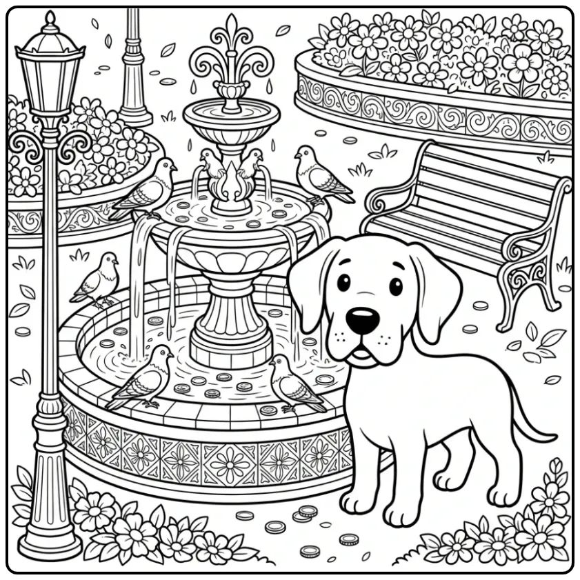 Detailed Puppy with a Fountain coloring page
