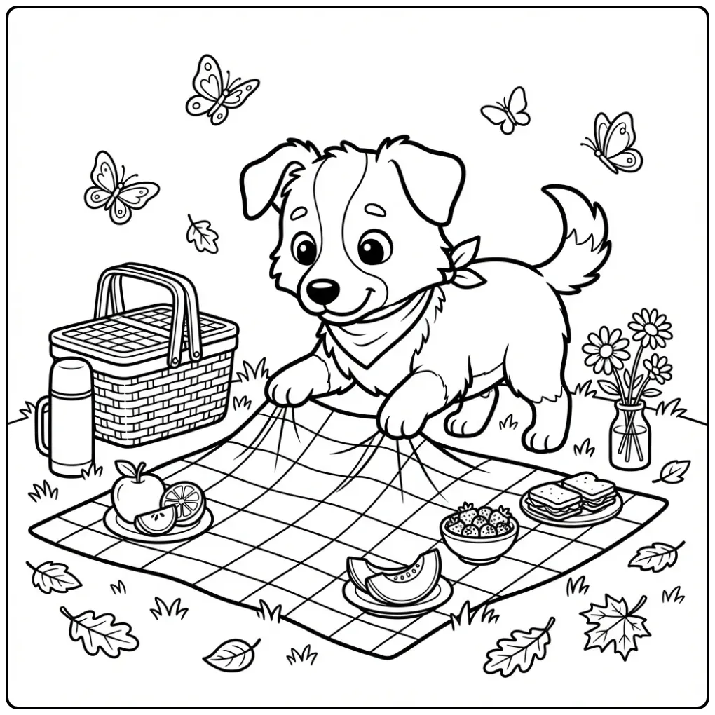 Detailed Border Collie Puppy with Picnic Blanket coloring page