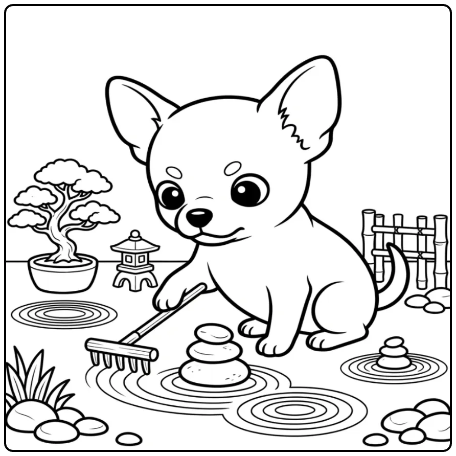 Detailed Chihuahua Puppy in a Zen Garden coloring page