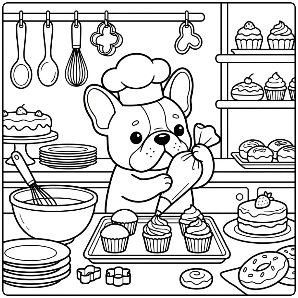 Detailed French Bulldog Puppy in the Bakery coloring page