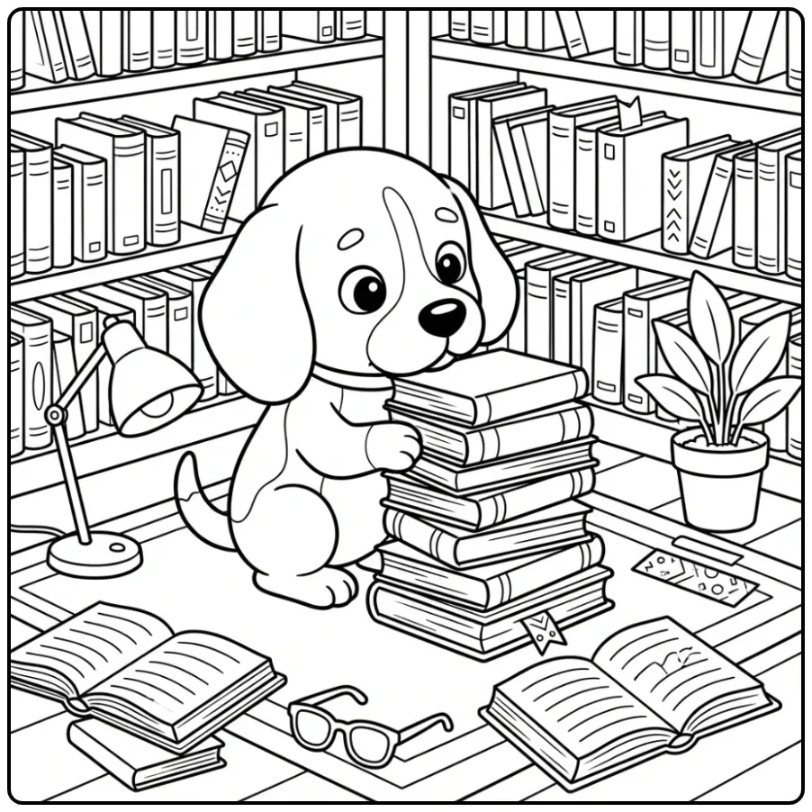 Detailed Puppy in a Library with Reading Glasses coloring page