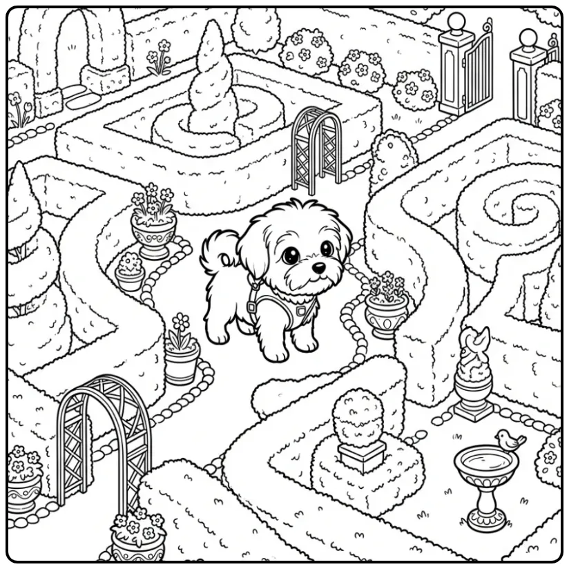 Detailed Maltese Puppy in a Beautiful Garden coloring page