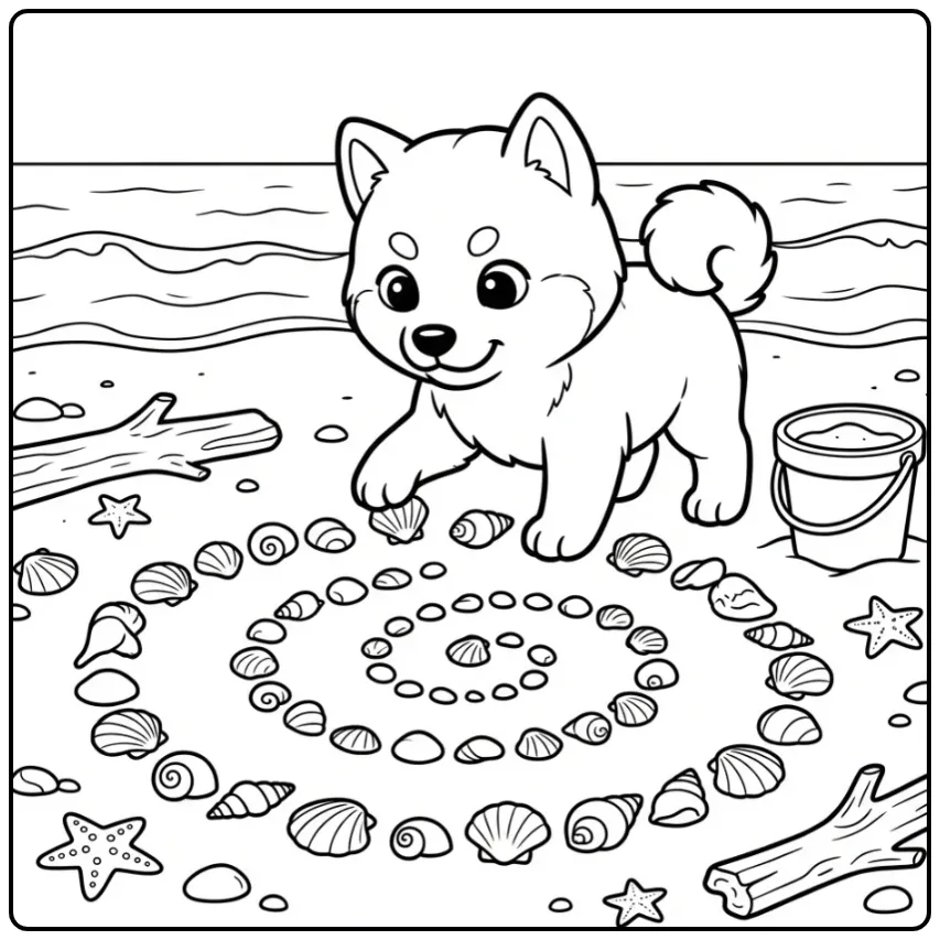 Detailed Shiba Inu Puppy with Shells coloring page