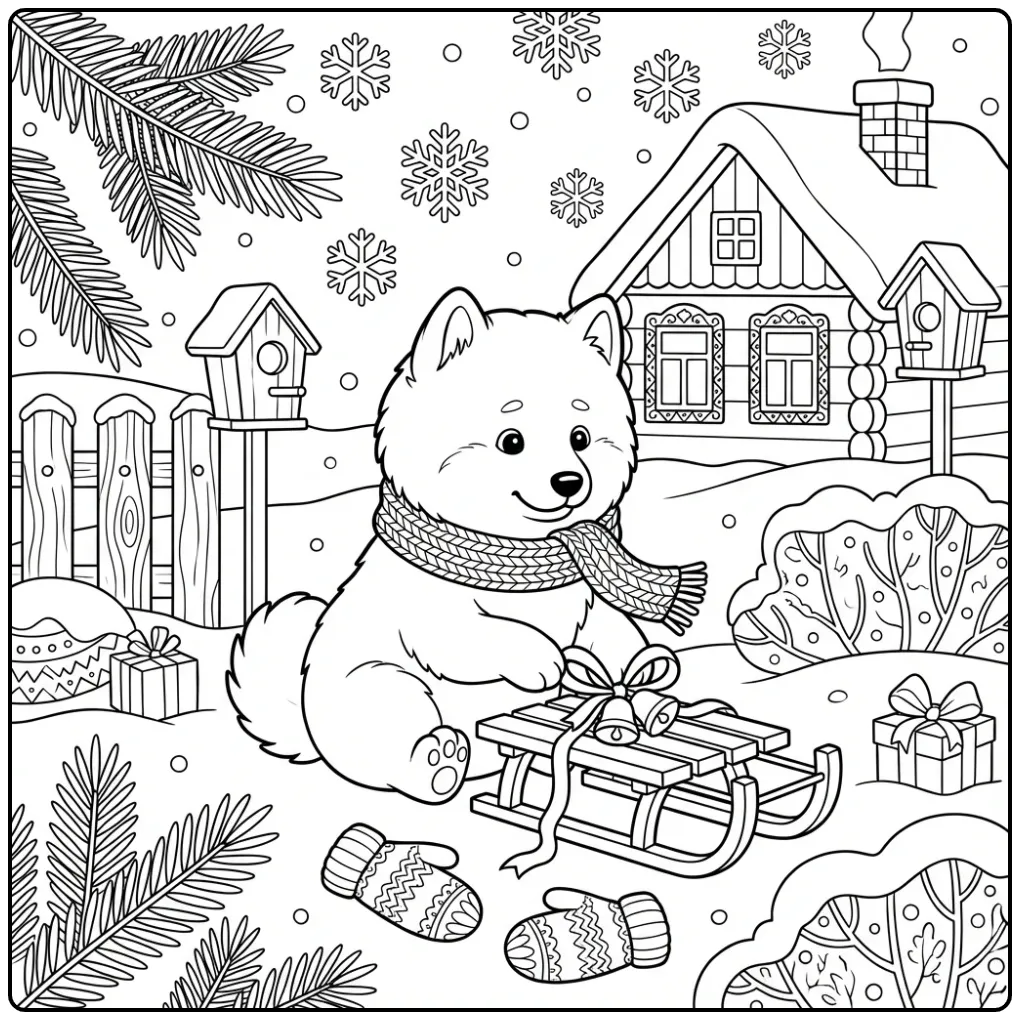 Detailed Samoyed Puppy in a Village coloring page