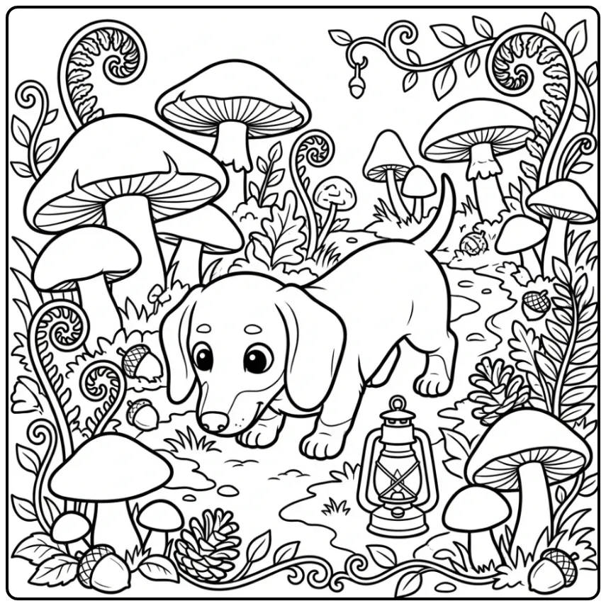 Detailed Dachshund Puppy Among Mushrooms coloring page
