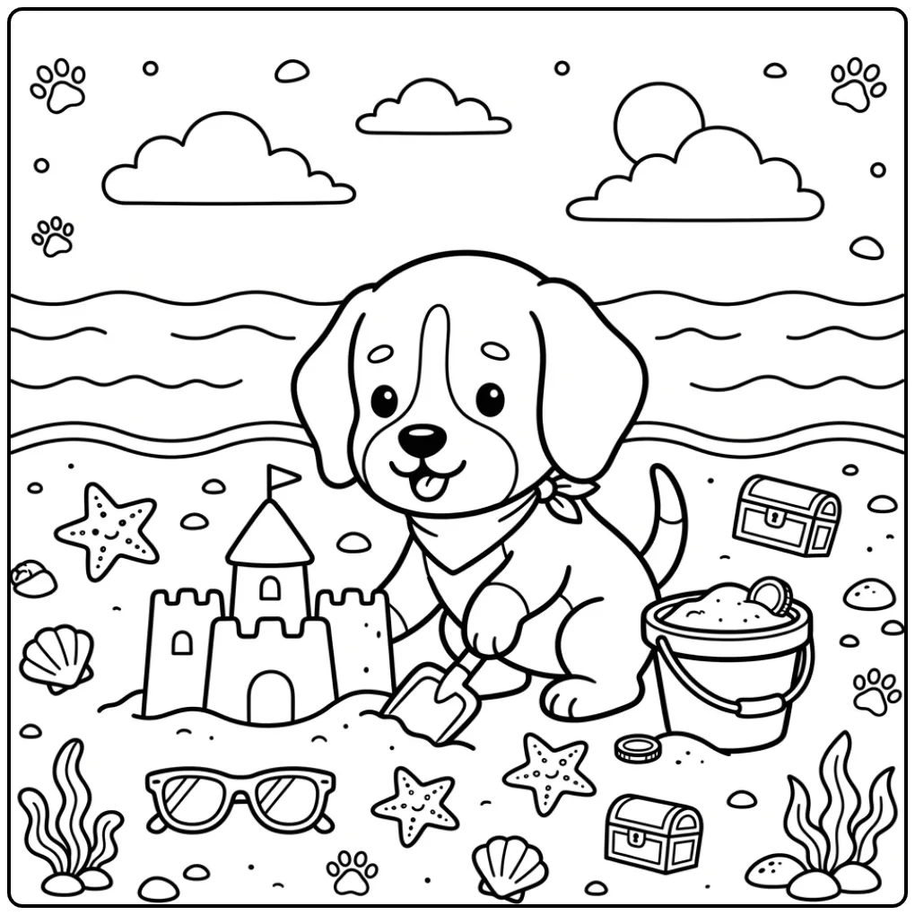Puppy Treasure Hunt with Sandcastle and Shells coloring page
