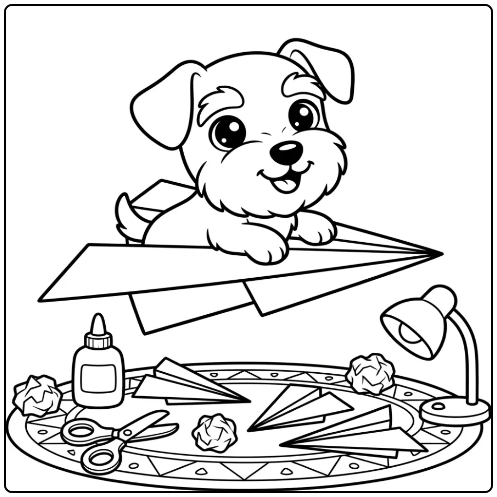 Schnauzer Puppy with a Paper Airplane coloring page