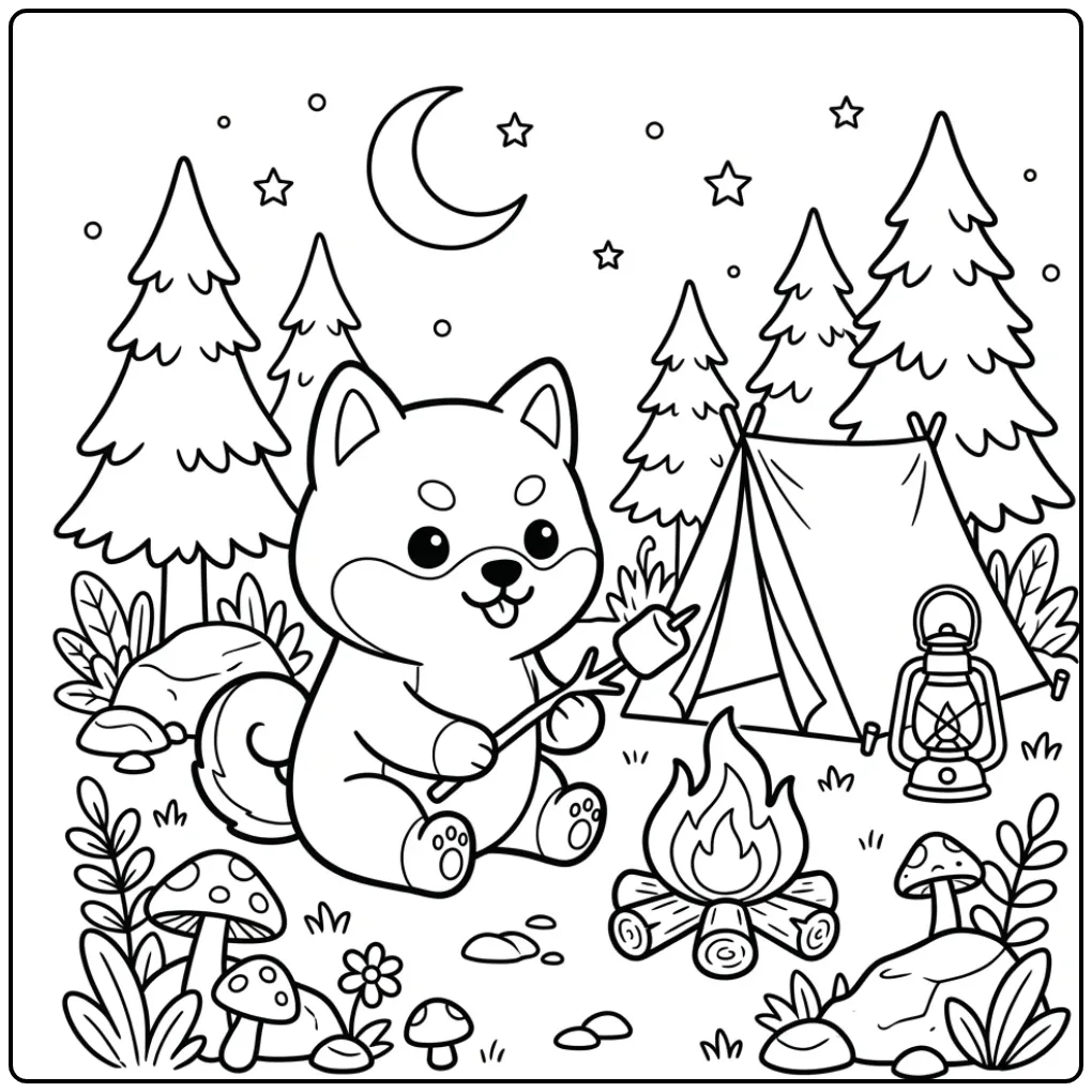 Shiba Inu Puppy Camping in Nature coloring page