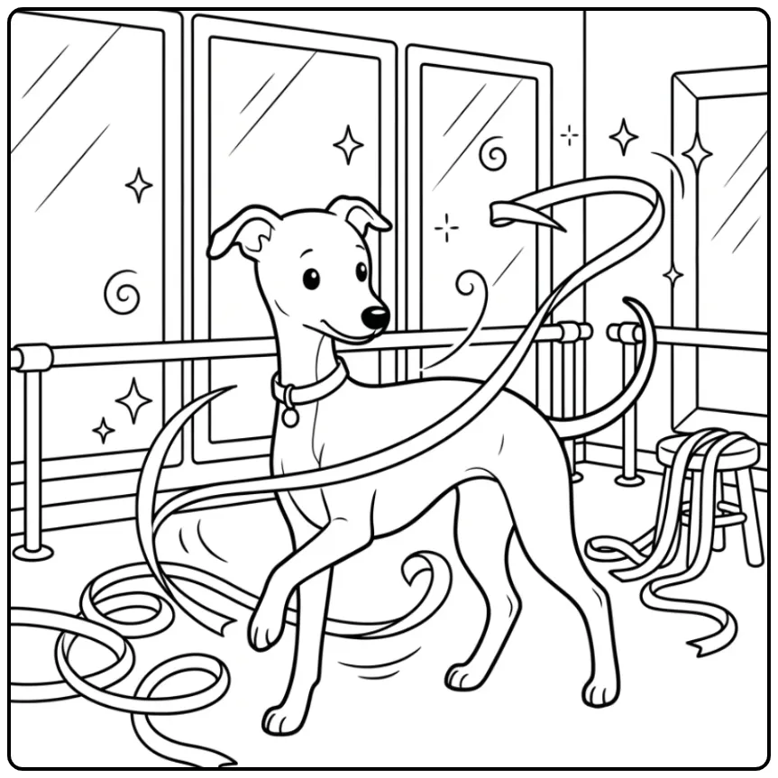 Dancing Whippet Puppy with Ribbon coloring page