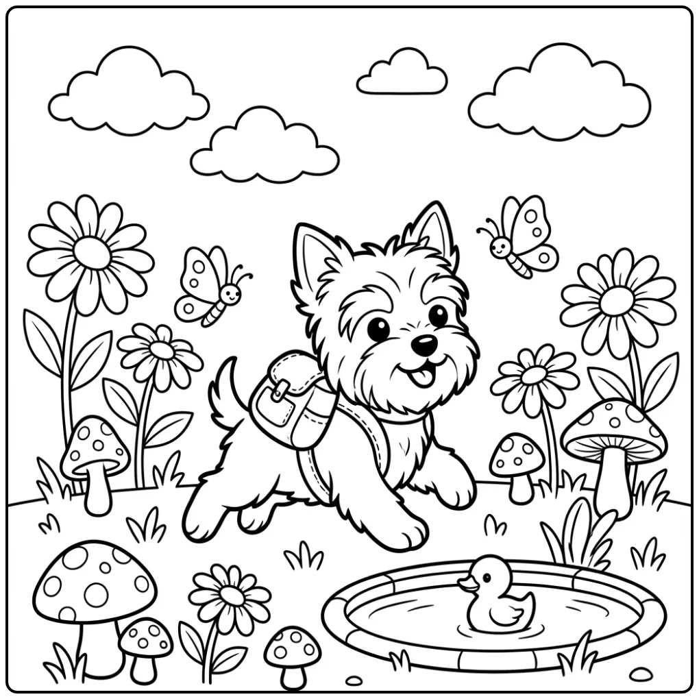 Yorkshire Terrier Puppy with Butterflies and Flowers coloring page