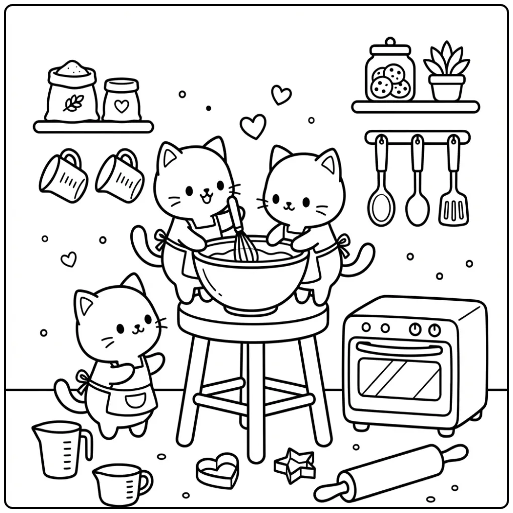 Cute Kittens Baking Cookies coloring page