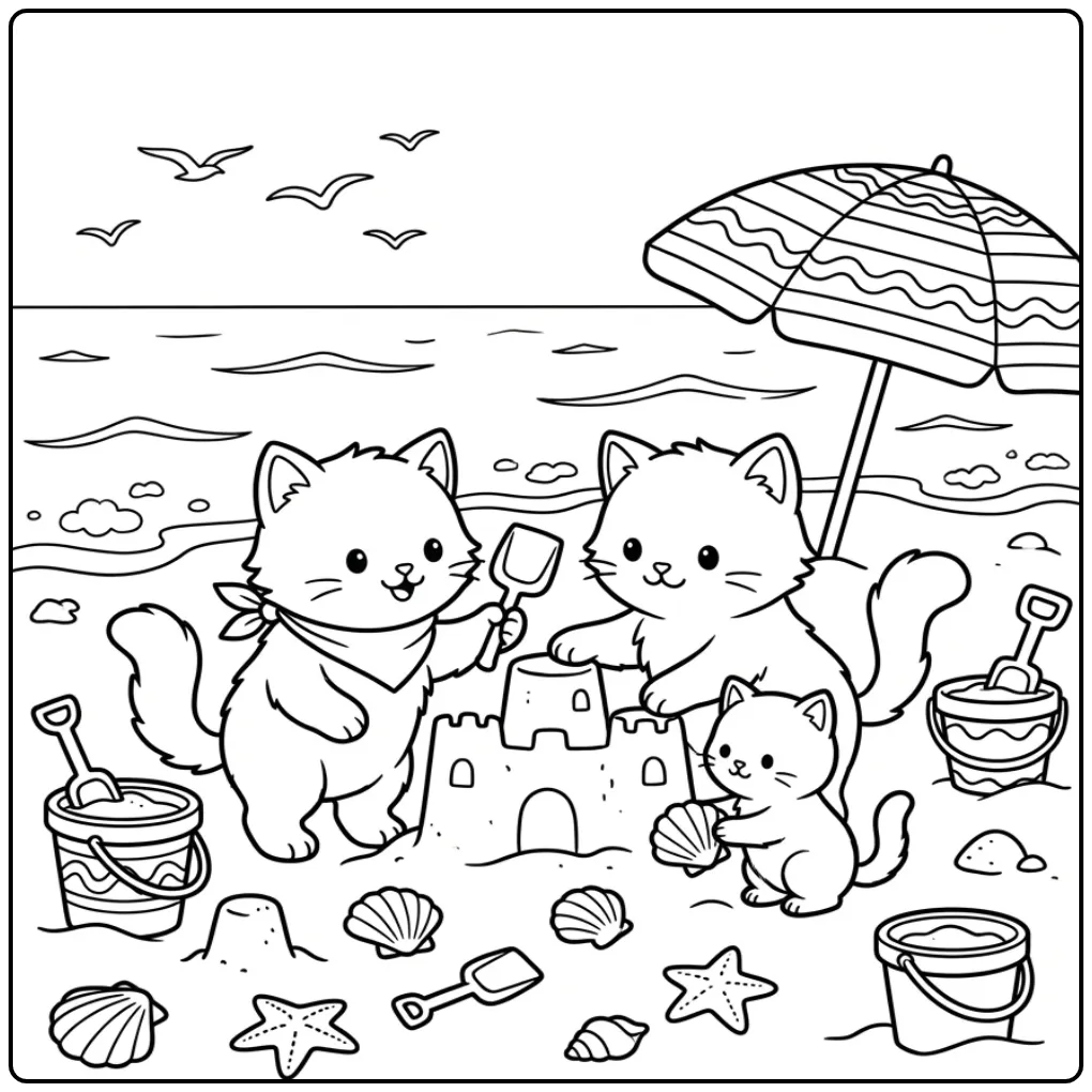 Cute Kittens Building a Large Sandcastle coloring page