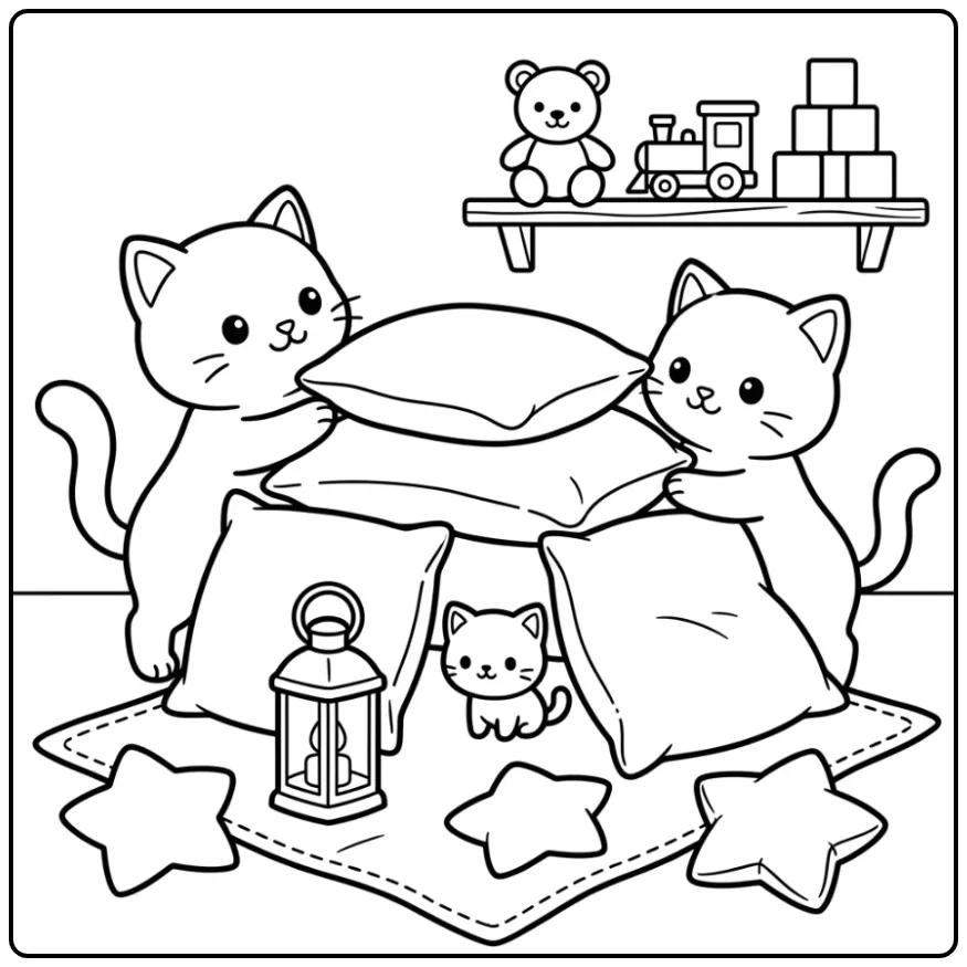 Cute Kittens Building a Cozy Fort Together coloring page