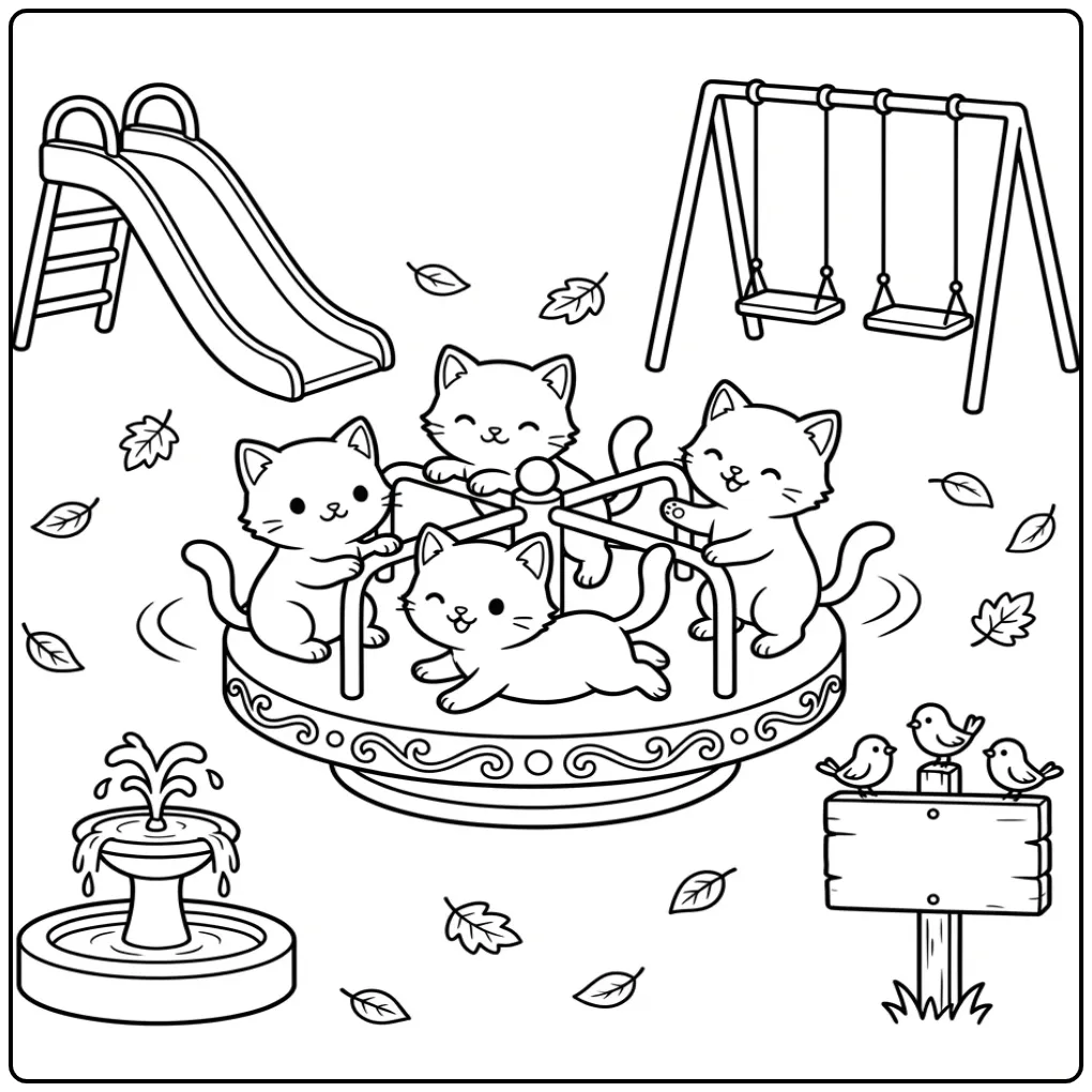 Cute Kittens on the Playground with Birds coloring page