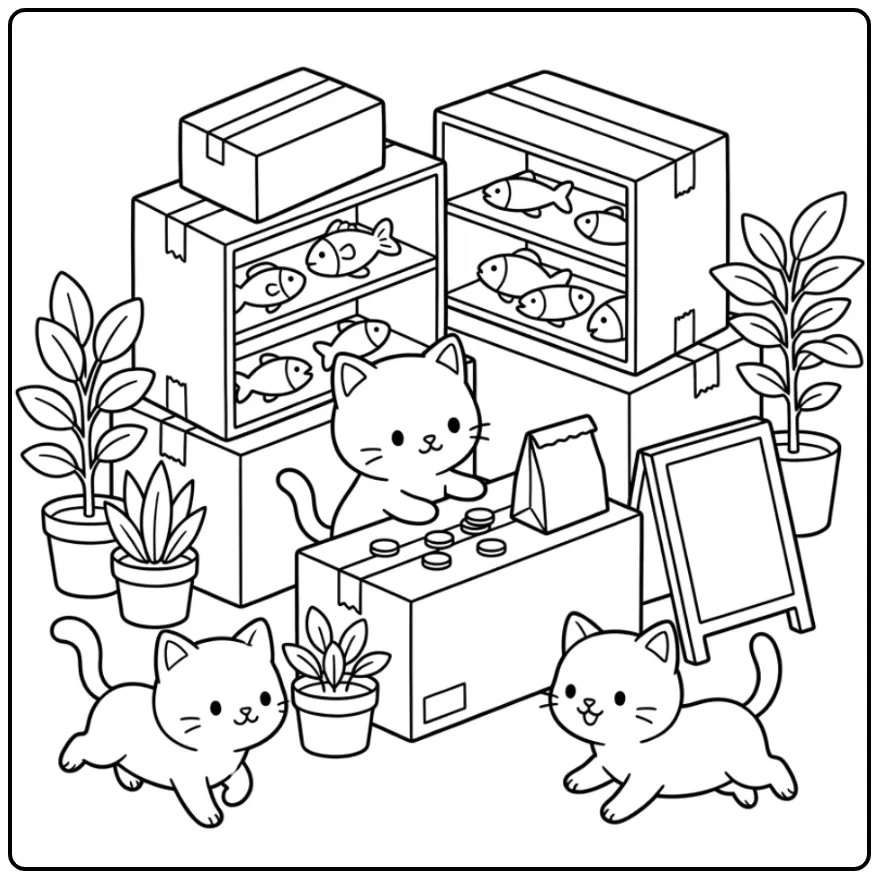 Cute Kittens in a Cardboard Shop coloring page