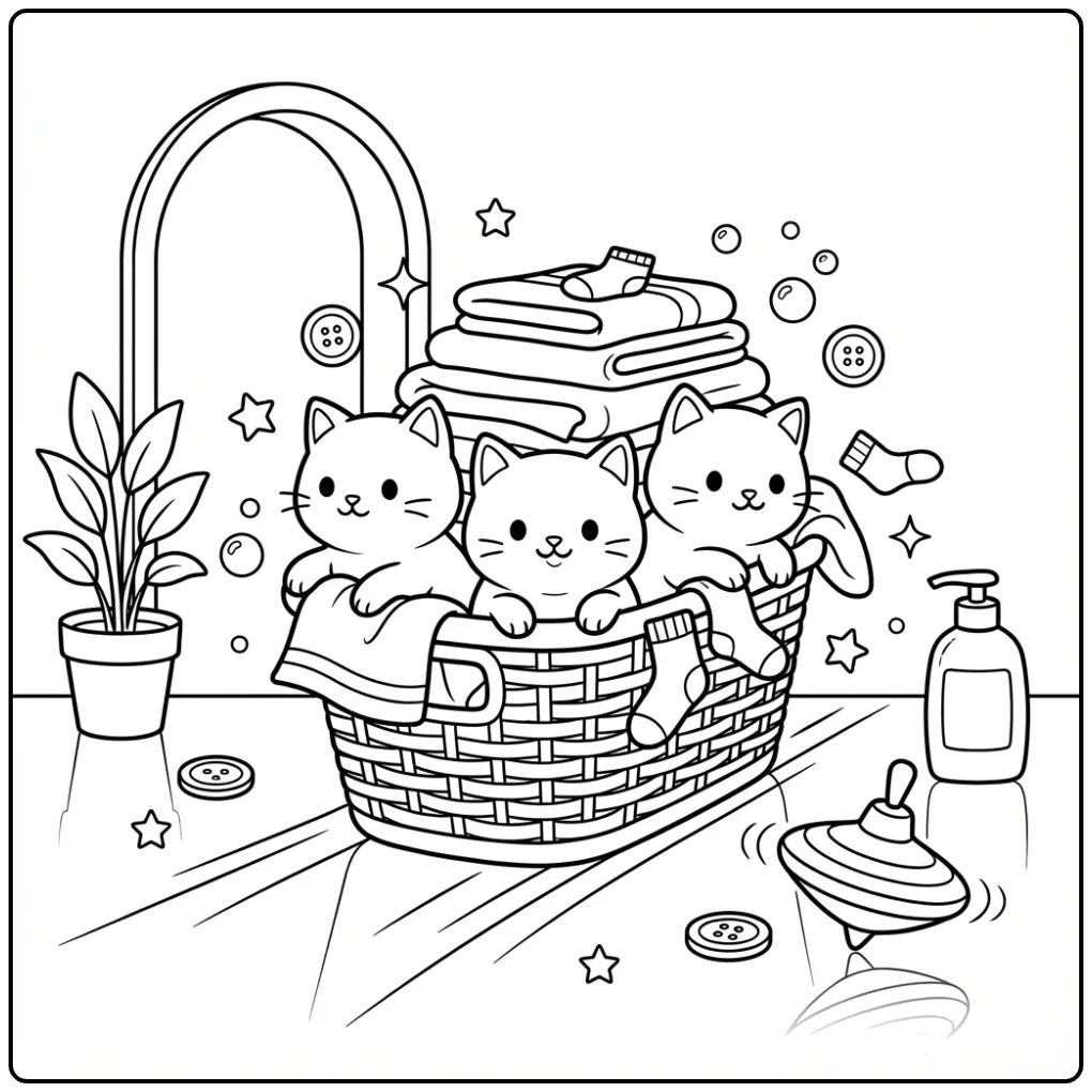 Cute Kittens in a Laundry Basket Boat coloring page