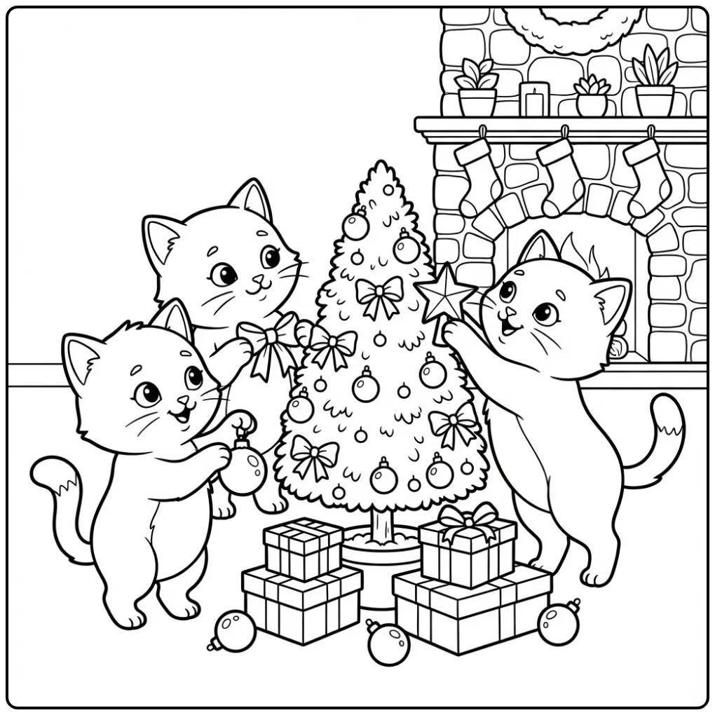 Cute Kittens in a Cozy Christmas Scene coloring page